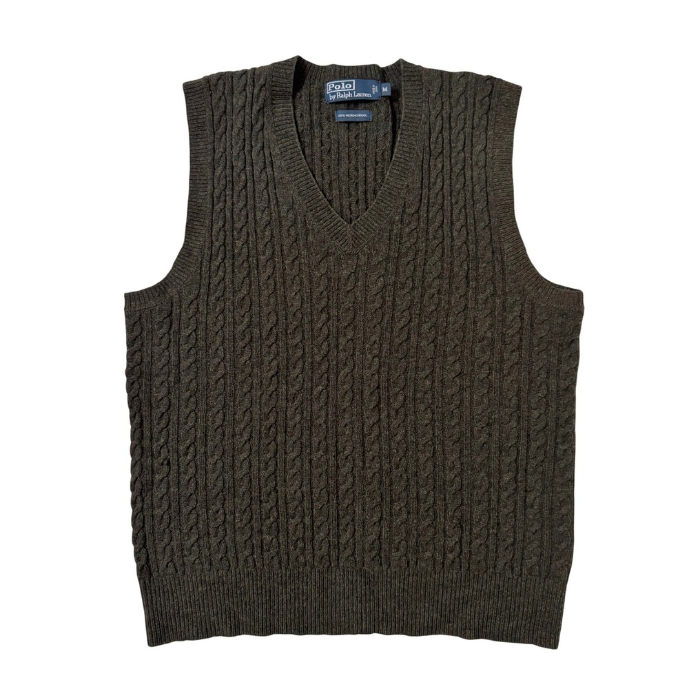 Polo Ralph Lauren Sweater Vest M Olive Green Cable Knit 100% Merino Wool V-Neck
